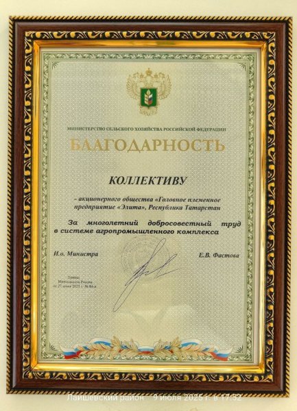 Министерство сельского хозяйства России вручило благодарность коллективу АО &laquo;ГПП &laquo;Элита&raquo;